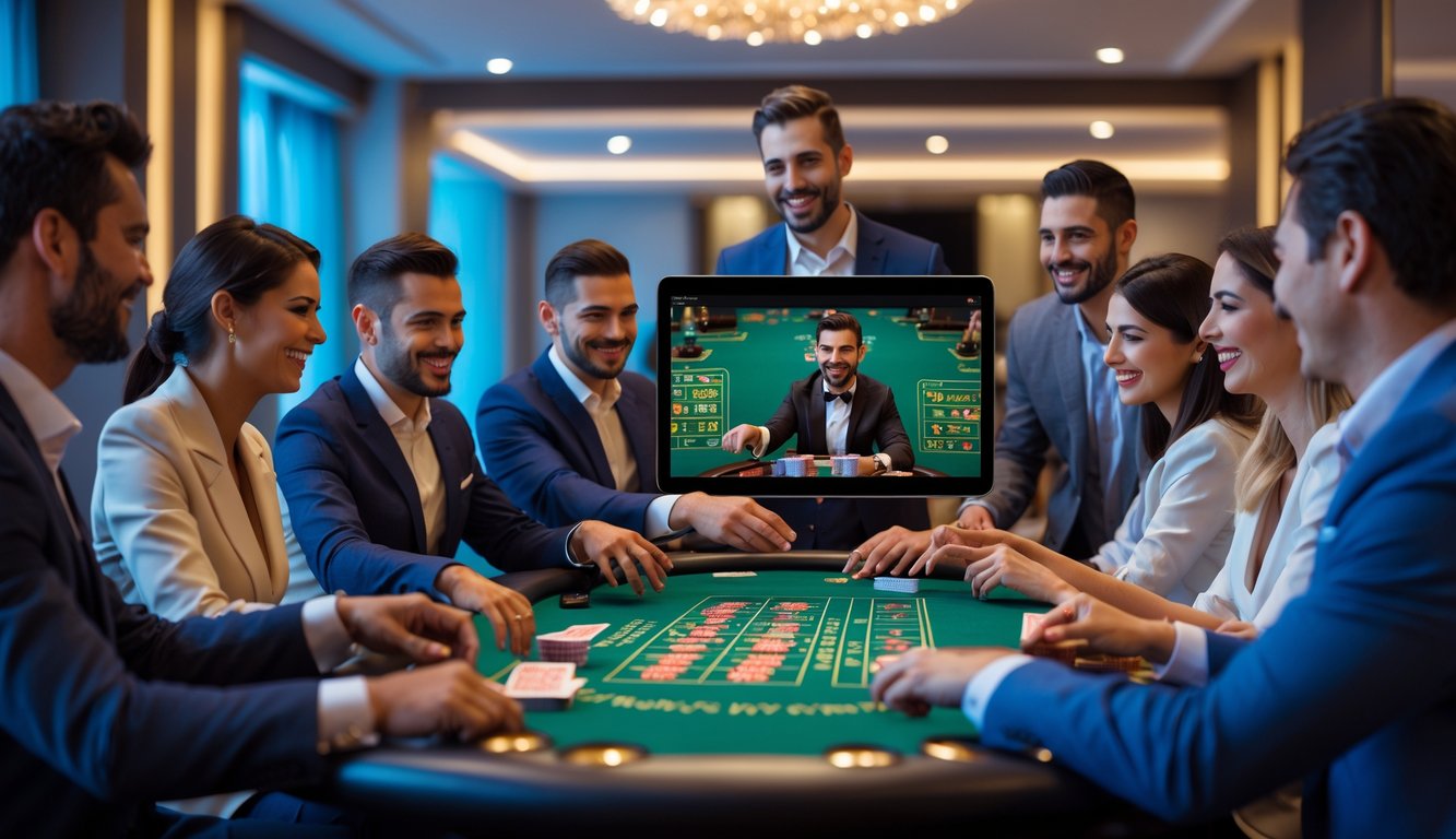 Sekelompok orang bermain kasino online dengan dealer langsung di layar, terlihat berinteraksi dan menikmati permainan bersama.