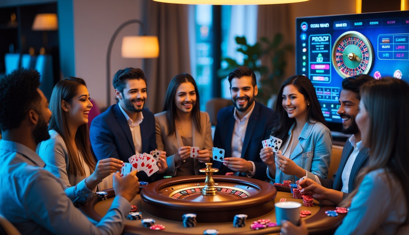 Sekelompok orang menikmati permainan kasino langsung secara online di ruang tamu rumah yang nyaman.