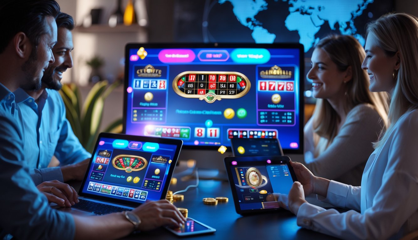 Orang-orang bermain permainan kasino langsung secara online menggunakan perangkat digital di lingkungan rumah yang nyaman.