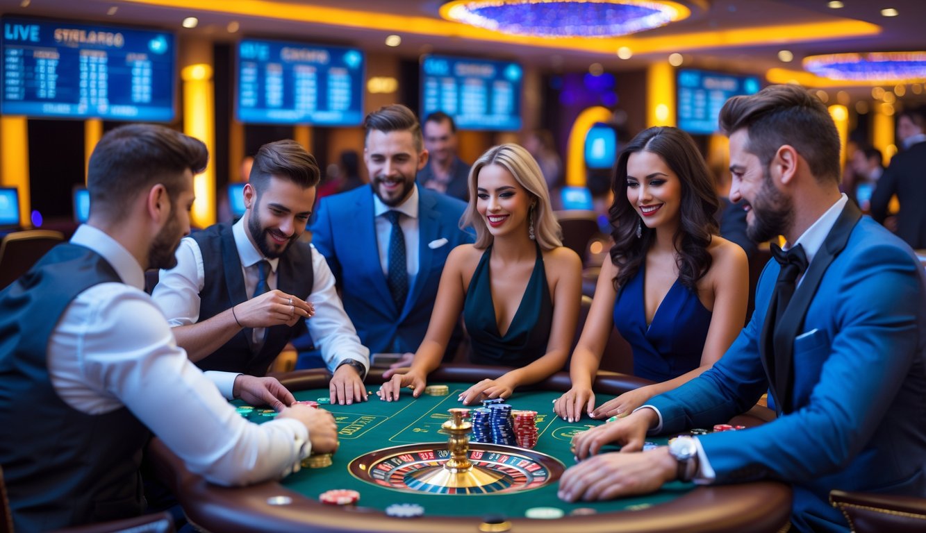 Orang-orang bermain di meja kasino mewah dengan suasana kasino yang modern dan cerah.