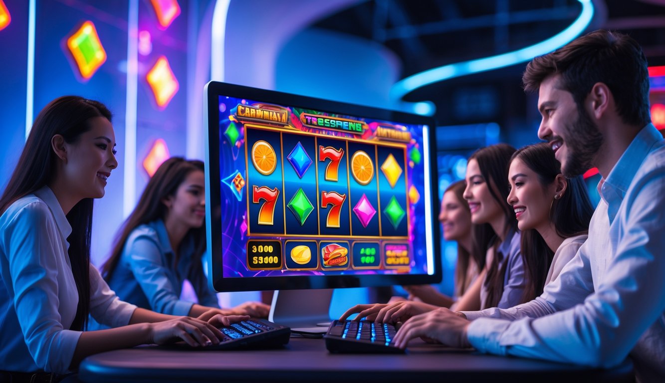 Beberapa orang muda bermain game slot digital di depan layar komputer dengan grafik warna-warni dan suasana cerah.