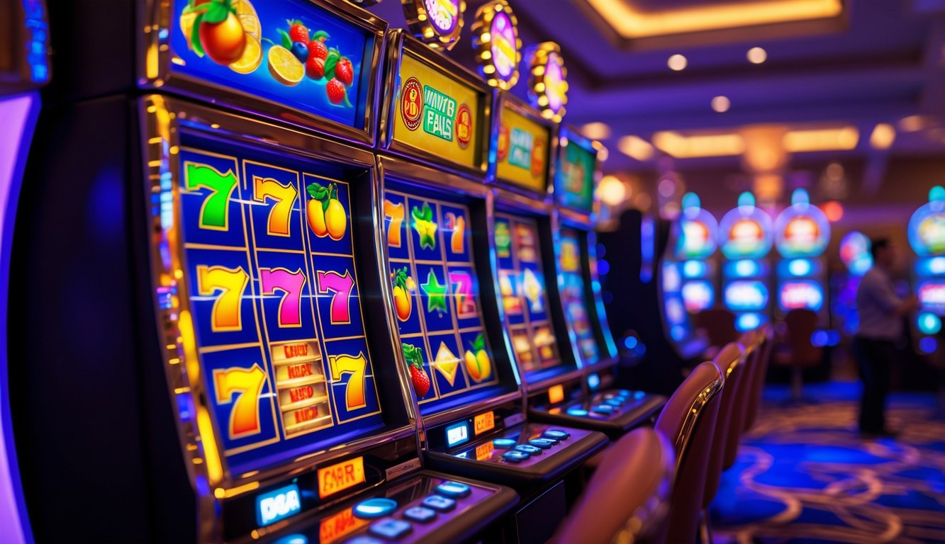 Mesin slot modern dengan simbol berwarna cerah dan suasana kasino yang mewah di latar belakang.