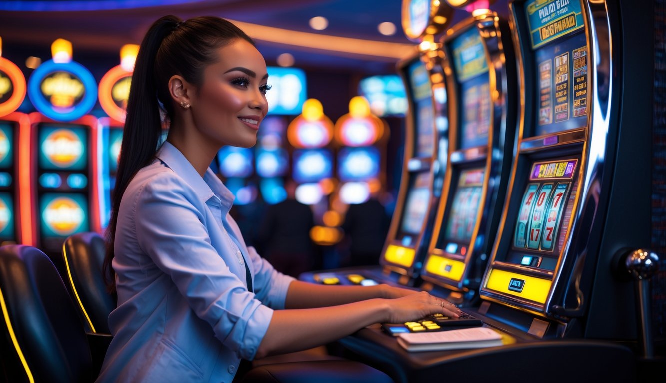 Seorang wanita muda sedang bermain mesin slot di kasino dengan ekspresi fokus dan antusias.