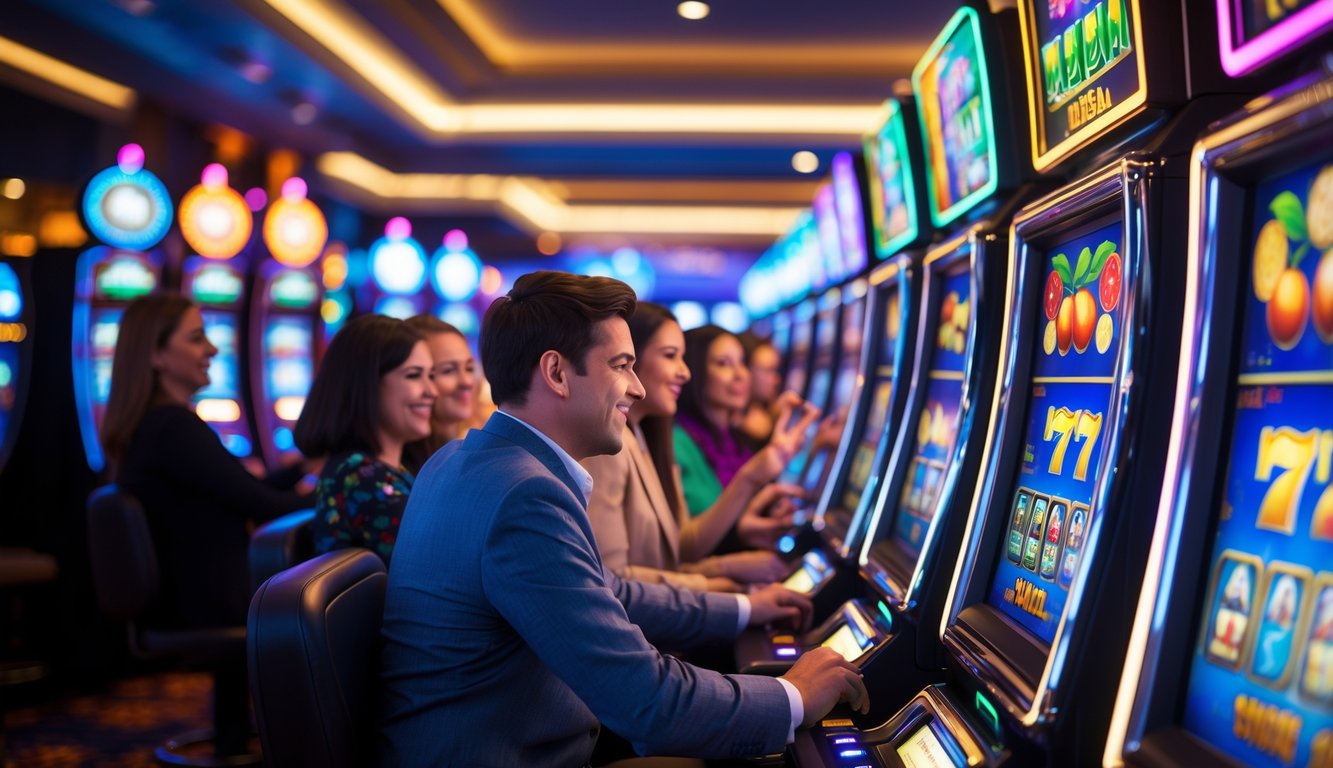 Orang-orang bermain mesin slot berwarna-warni di kasino dengan suasana cerah dan penuh semangat.