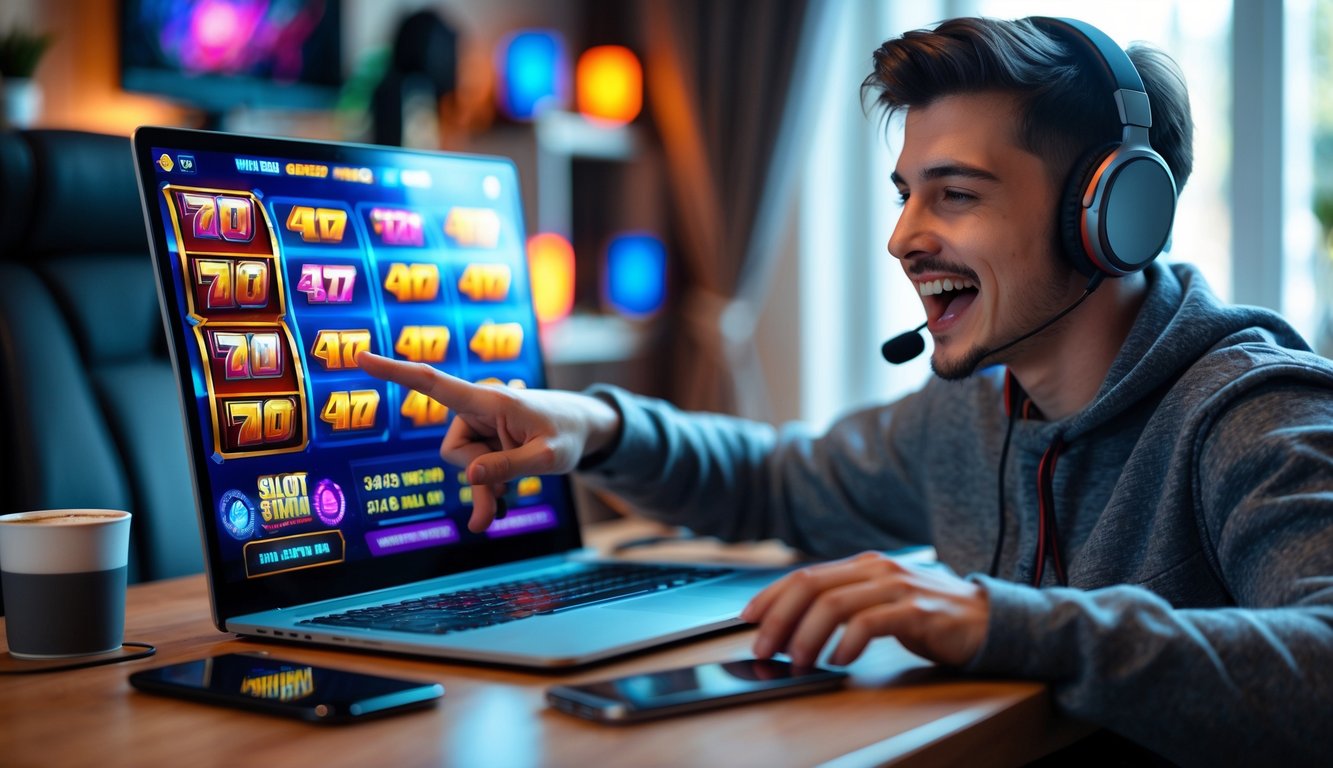 Seorang pemain muda sedang bermain game slot online di laptop di ruangan yang nyaman dan terang.