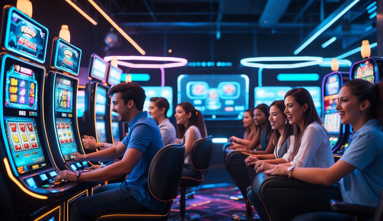 Sejumlah orang muda sedang bermain mesin slot modern di dalam kasino berteknologi tinggi dengan lampu warna-warni dan layar digital.