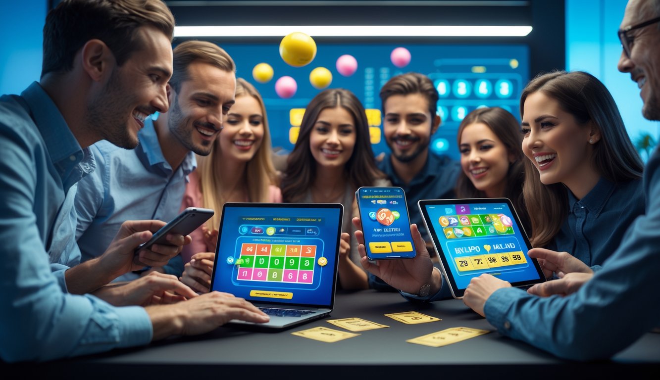 Sekelompok orang menggunakan perangkat digital di ruangan modern, menikmati permainan lotre online dengan ekspresi fokus dan senang.