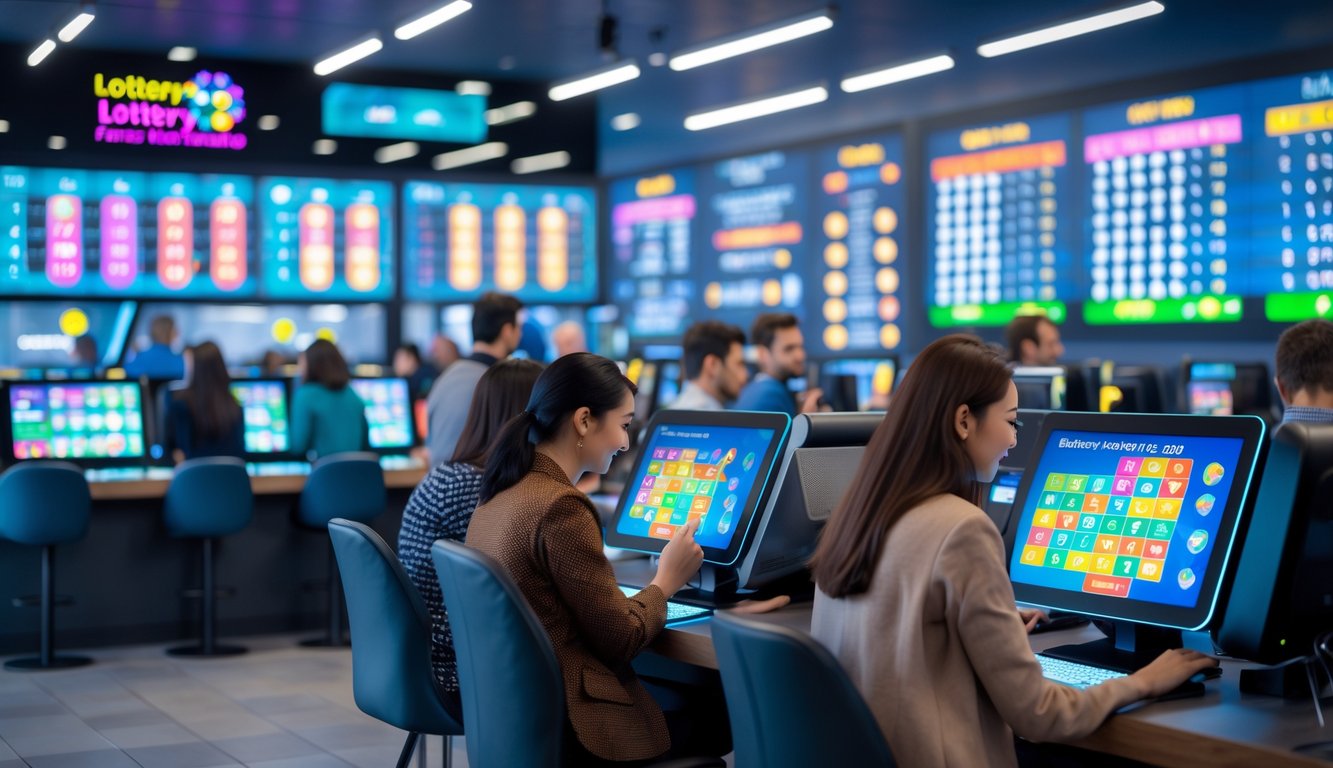Pusat permainan angka modern dengan orang-orang yang fokus menggunakan layar sentuh dan komputer di ruangan yang terang dan rapi.