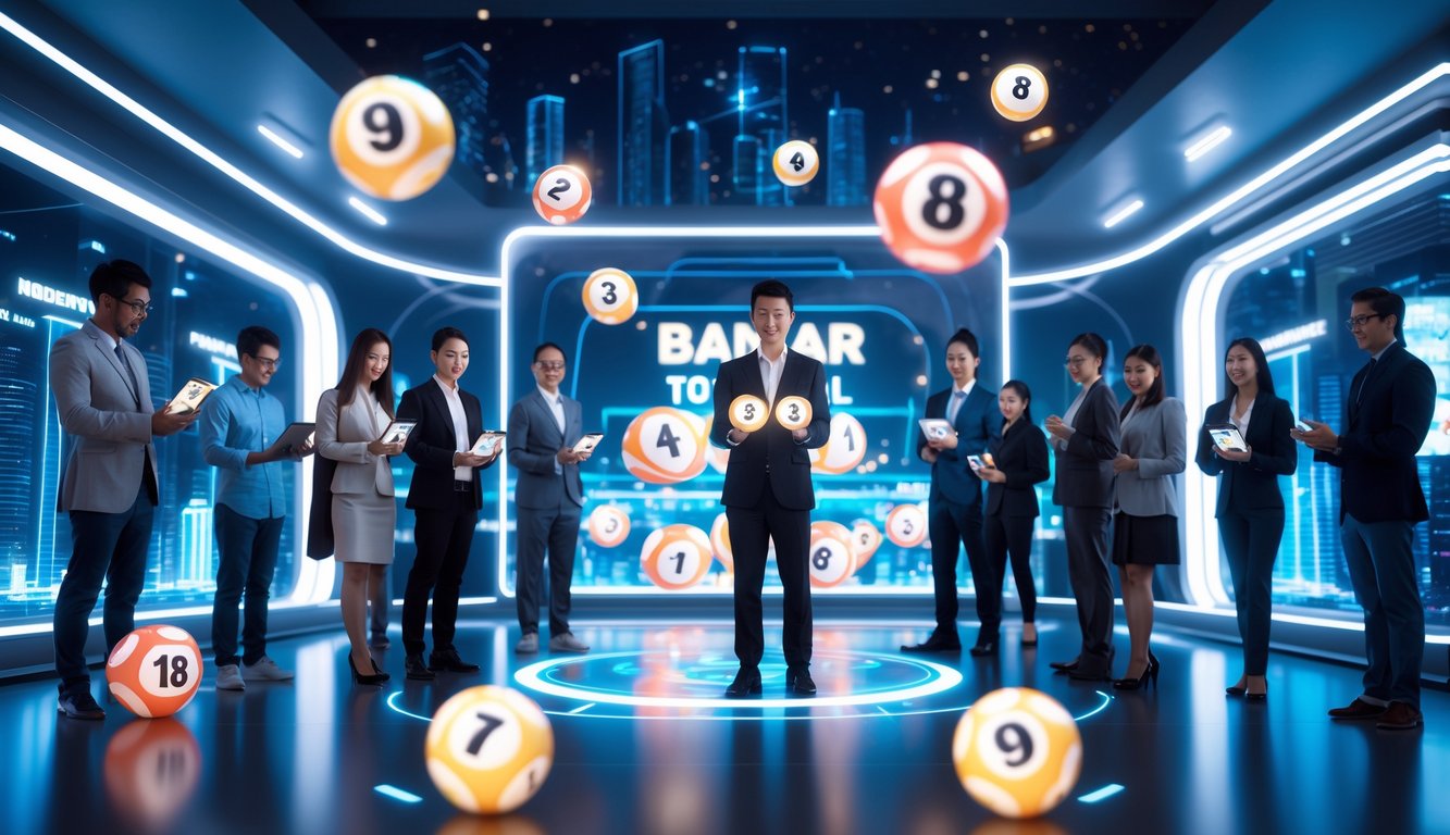 Orang-orang menggunakan perangkat digital dengan latar belakang kota modern dan simbol permainan togel tradisional yang menyatu dengan teknologi.