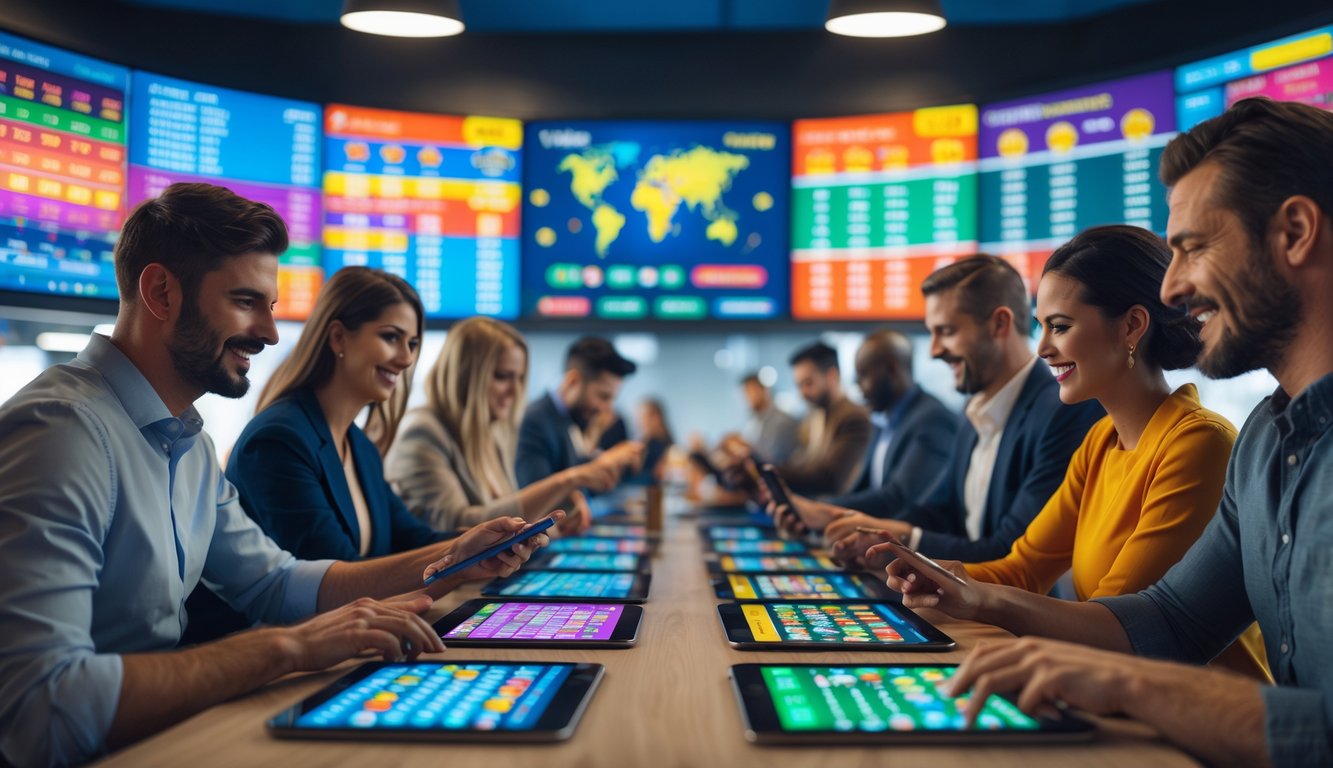 Orang-orang bermain permainan togel di perangkat digital dengan layar menampilkan grafik pasar togel dunia di latar belakang.