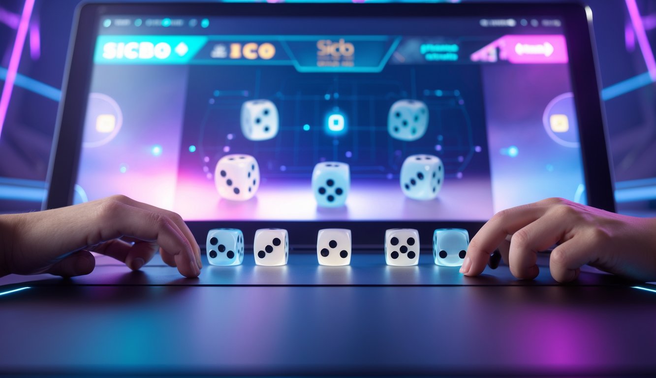 Tangan melempar dadu di meja permainan digital Sicbo dengan latar belakang pencahayaan modern dan elemen holografik.