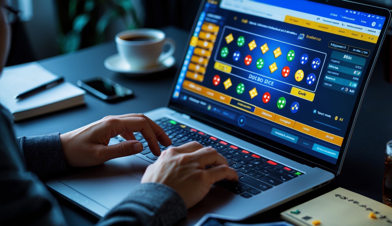 Seseorang sedang bermain permainan Sicbo online di depan komputer dengan dadu warna-warni di layar dan suasana ruangan yang nyaman.