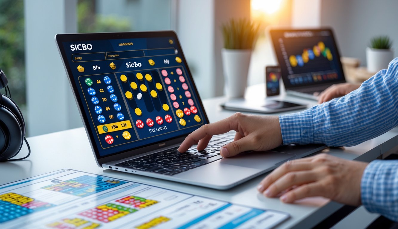 Seseorang sedang bermain permainan Sicbo online di laptop dengan grafik dan dadu digital di layar, di meja terdapat grafik dan diagram untuk menganalisis pola dan peluang.