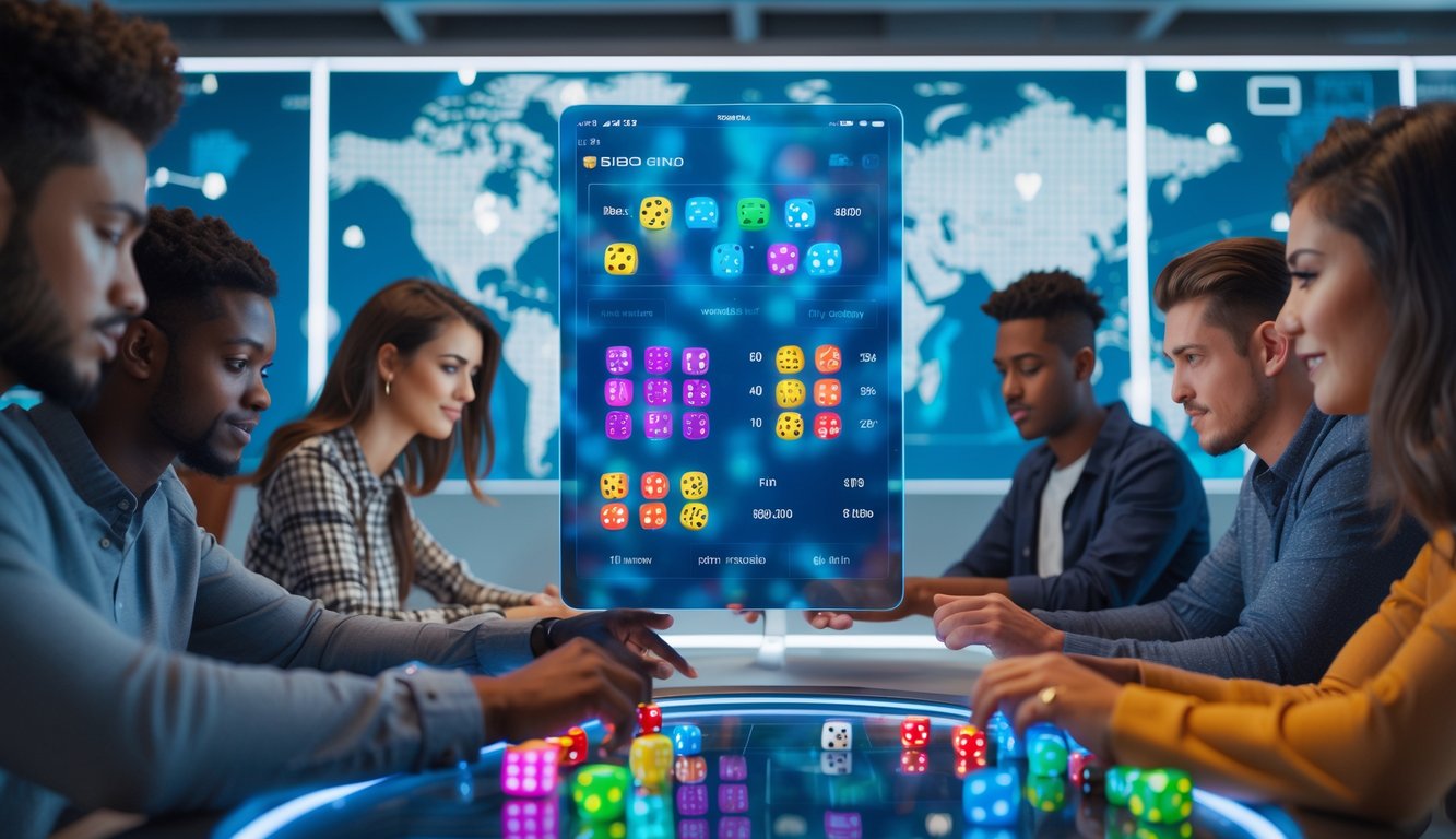 Sekelompok orang muda sedang menggunakan layar sentuh digital untuk bermain Sicbo online dengan latar belakang elemen jaringan dunia.