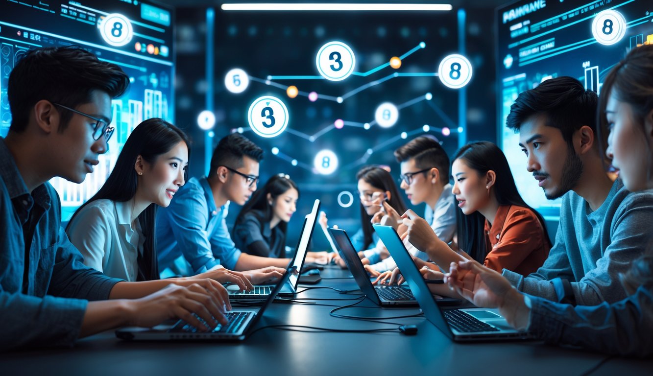 Sekelompok orang muda sedang bermain permainan angka secara online menggunakan laptop dan ponsel di ruangan modern dengan elemen digital mengambang di latar belakang.