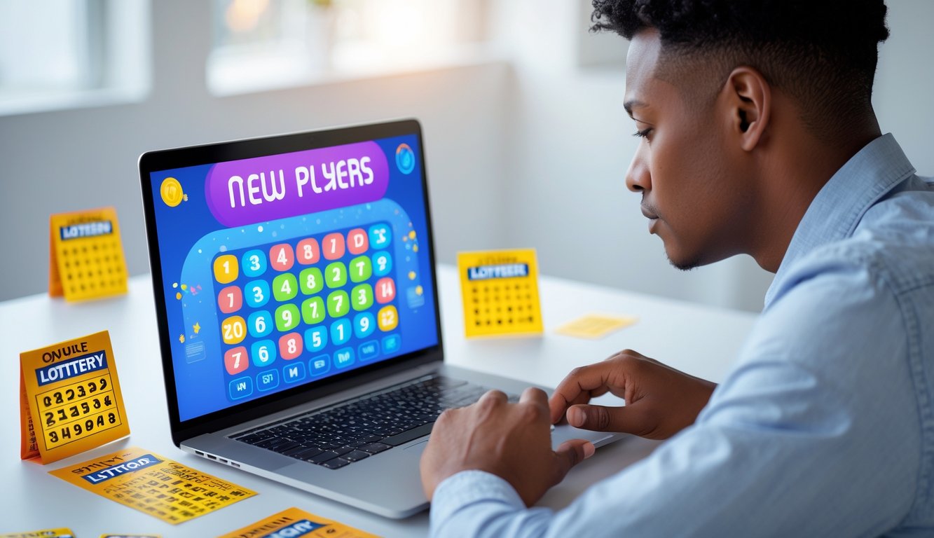 Seorang dewasa muda duduk di depan laptop dengan tampilan layar permainan lotere online, di meja terdapat tiket lotere dan elemen terkait perjudian.