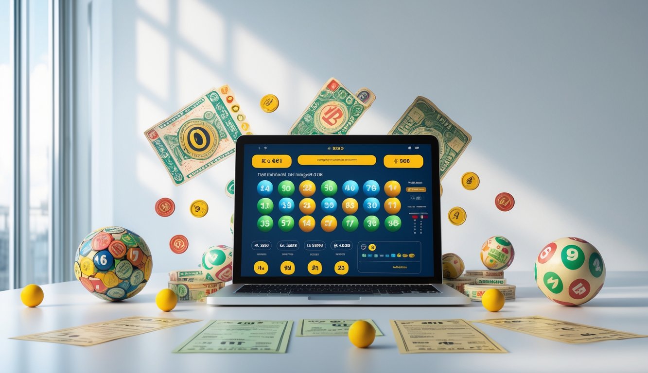 Seseorang menggunakan laptop dengan tampilan permainan lotere online di meja yang juga menampilkan bola lotere tradisional dan tiket nomor.