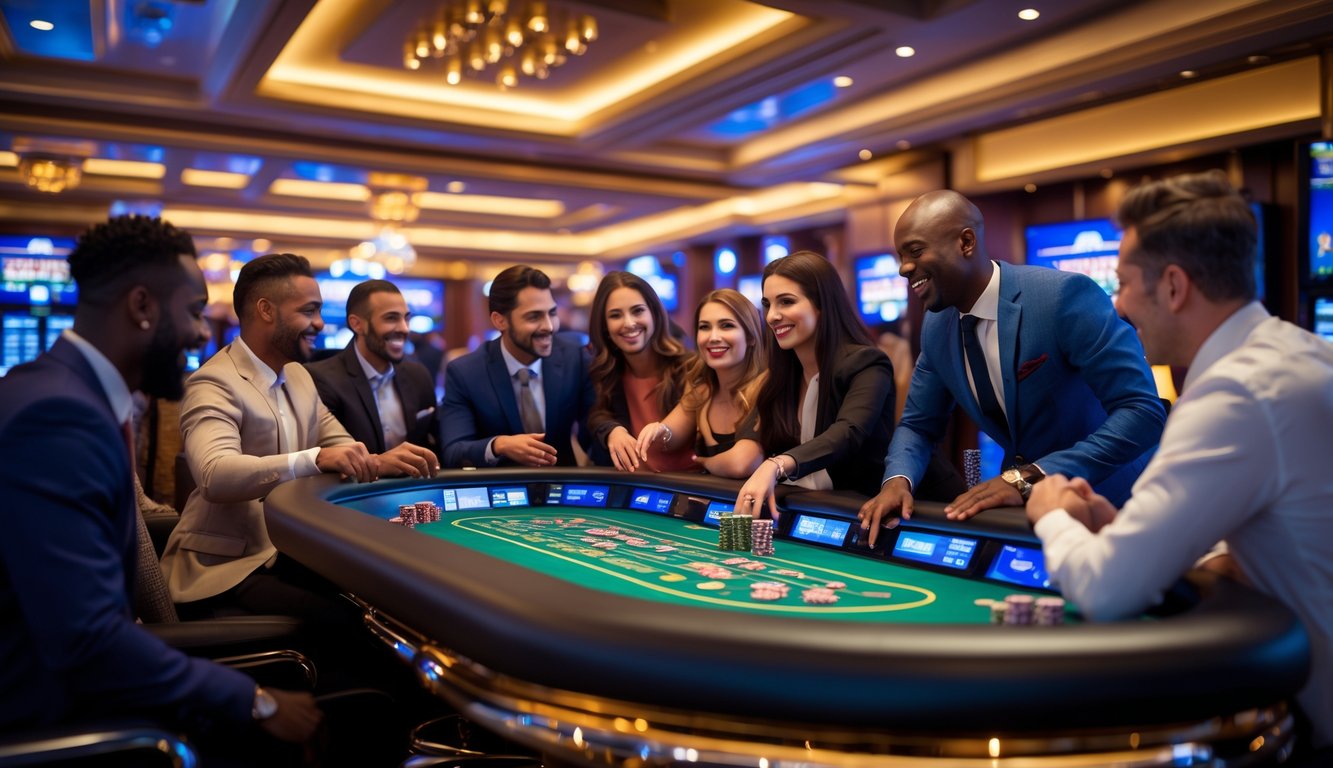 Orang-orang bermain di meja kasino dengan dealer langsung dan suasana kasino yang ramai.