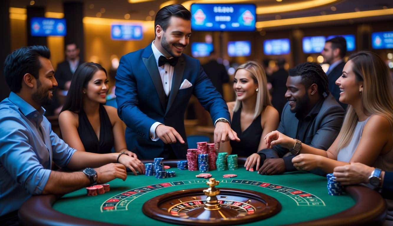 Suasana kasino langsung dengan dealer dan pemain yang bermain kartu di meja hijau, latar belakang interior kasino modern dengan pencahayaan hangat.