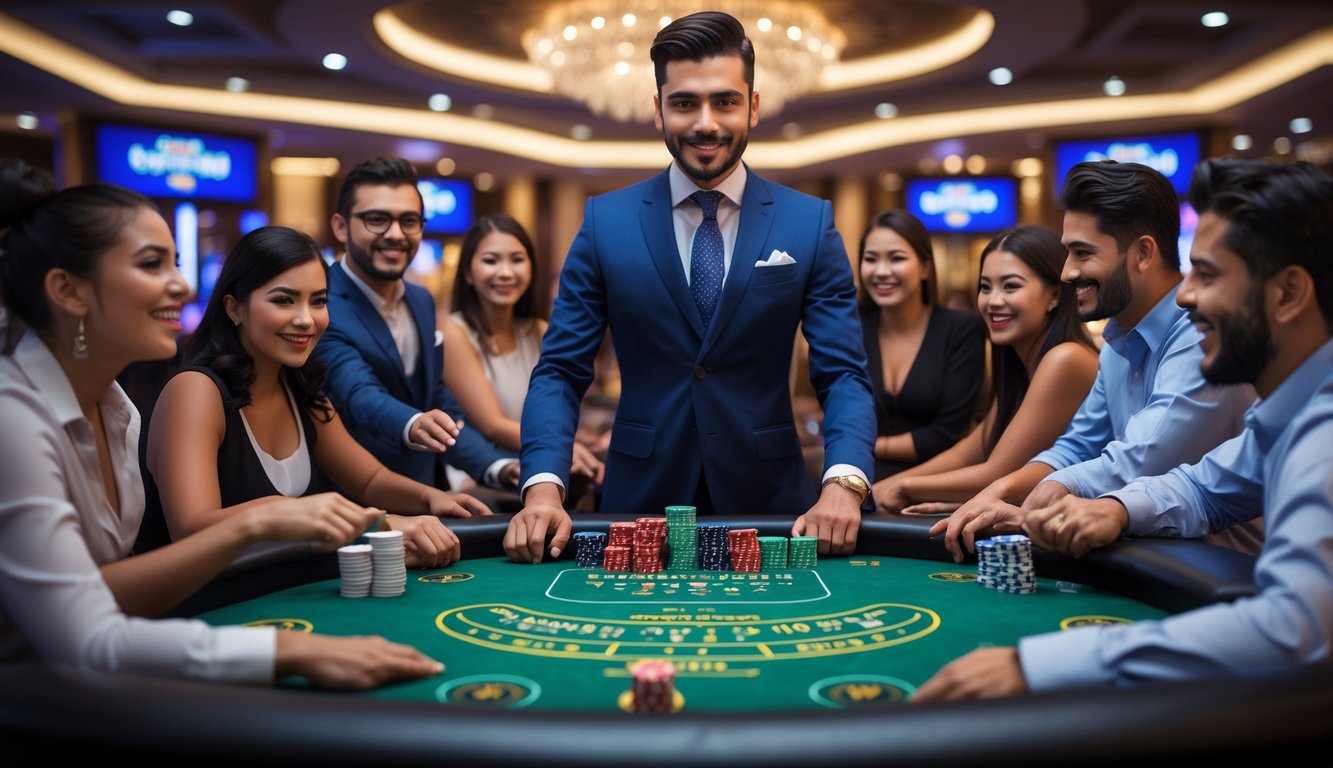 Seorang dealer dan beberapa pemain duduk di meja kasino dengan kartu dan chip, terlihat asyik bermain game meja kasino online.