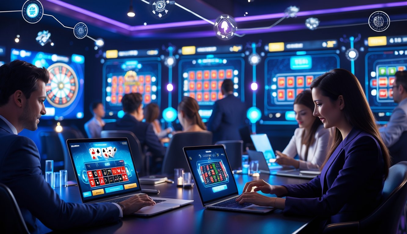 Orang-orang menggunakan perangkat digital untuk bermain permainan kasino langsung dalam ruangan modern dengan pencahayaan biru dan ungu.