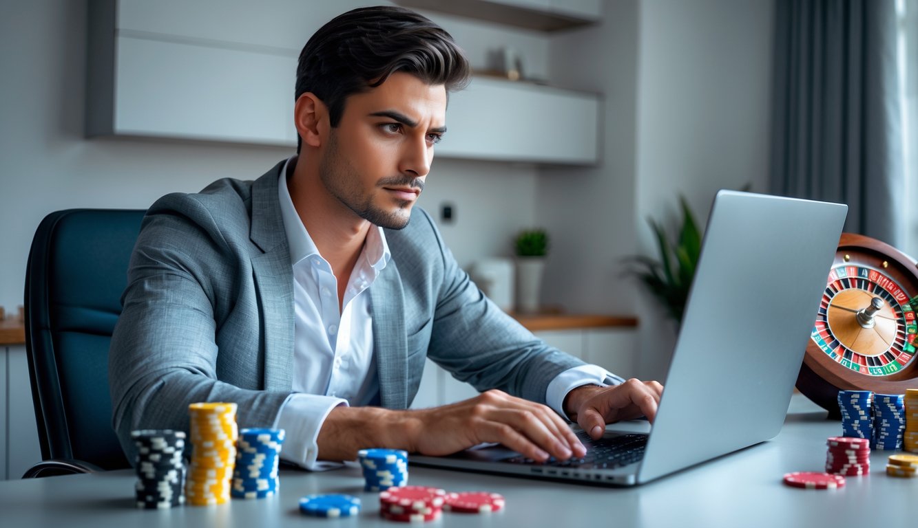Seorang pria muda sedang fokus bermain kasino online di laptop di ruang kerja modern dengan perlengkapan kasino di latar belakang.