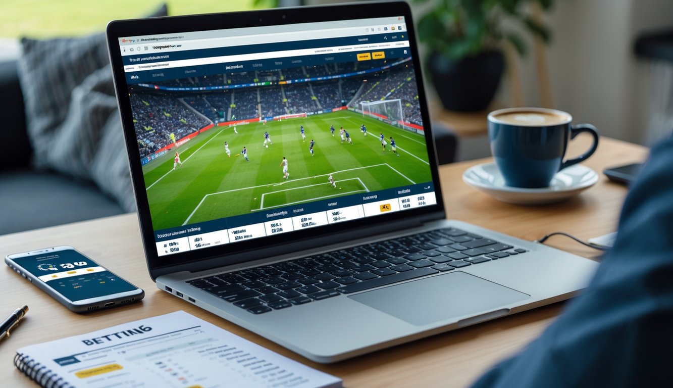 Seorang pria menggunakan laptop dan ponsel untuk memasang taruhan sepak bola di ruang kerja yang nyaman.