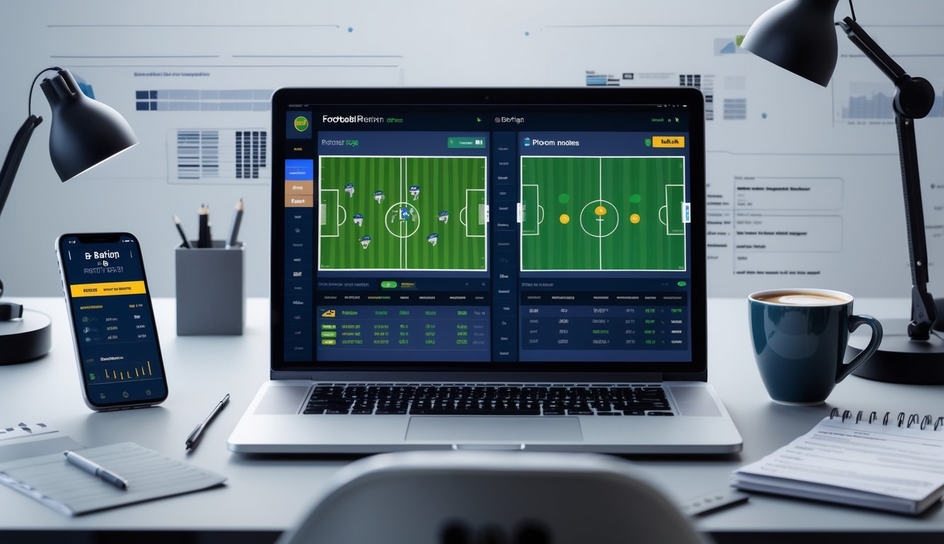 Seorang pria bekerja di depan laptop dengan tampilan pertandingan sepak bola dan e-sport di layar, dikelilingi oleh smartphone, catatan strategi, dan kopi di meja.