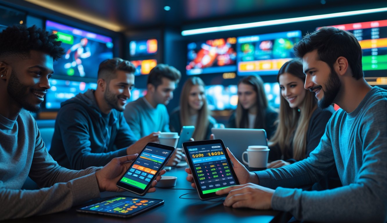 Sekelompok orang muda menggunakan perangkat digital di ruangan modern dengan layar menampilkan aktivitas taruhan digital.