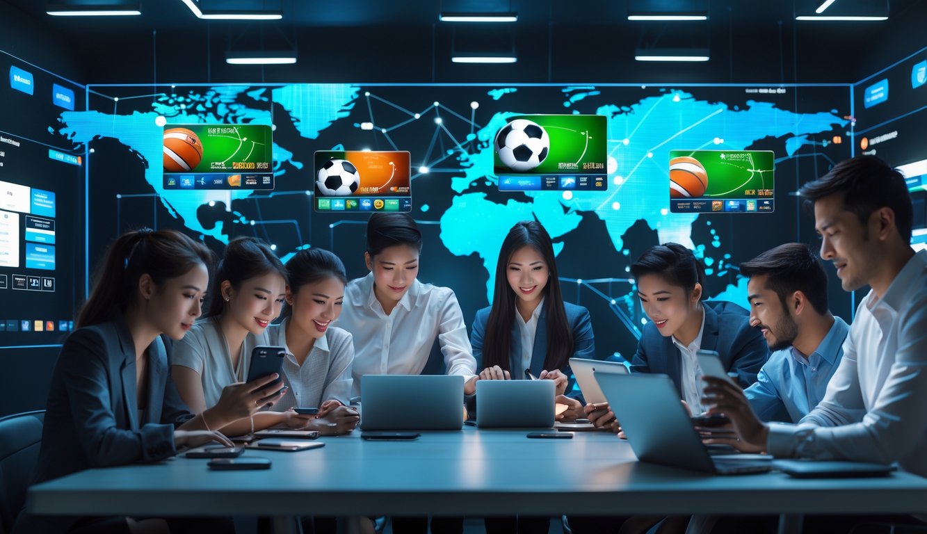 Sekelompok orang muda menggunakan perangkat digital untuk taruhan olahraga online dengan layar besar menampilkan berbagai acara olahraga internasional.