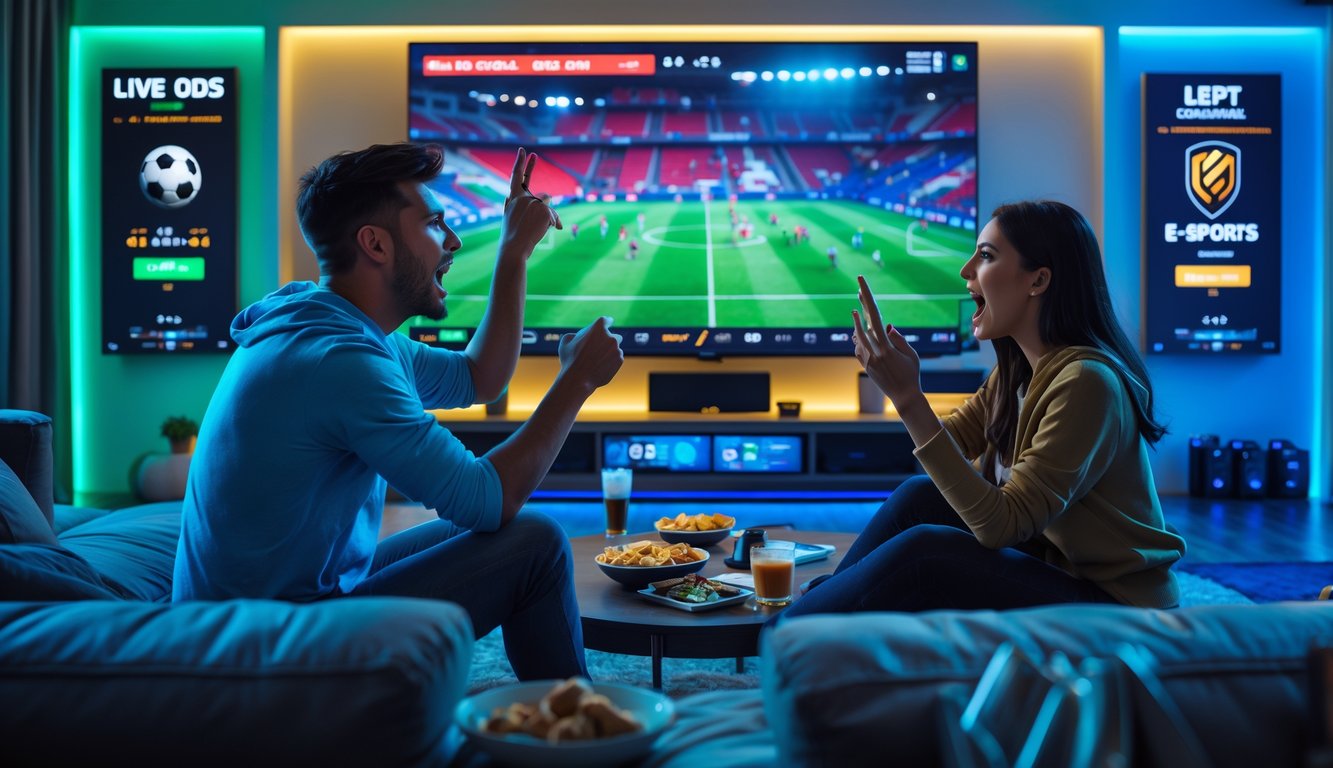 Dua orang muda duduk bersama di ruang tamu modern, menonton pertandingan sepak bola dan turnamen e-sport di layar besar dengan perangkat digital di sekitar mereka.