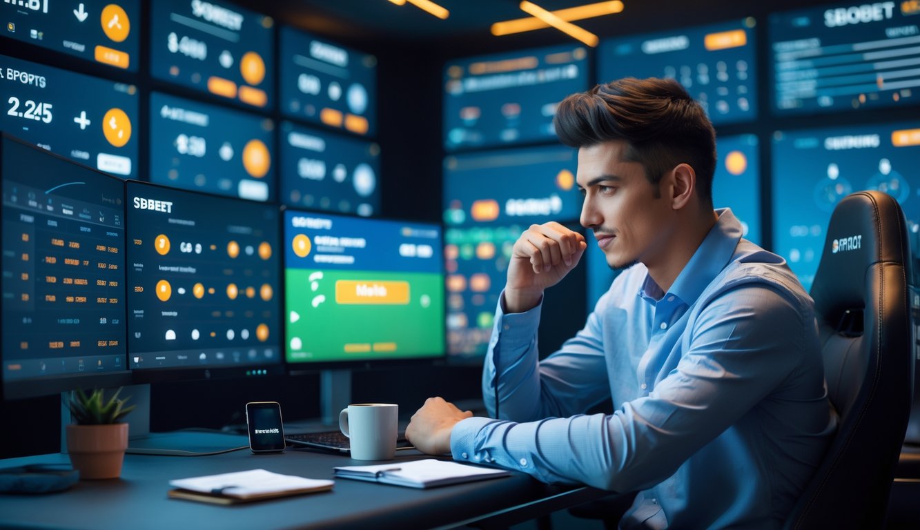 Seorang pria muda duduk di depan beberapa monitor komputer yang menampilkan data taruhan olahraga, sedang menganalisis informasi dengan serius di sebuah ruangan modern.