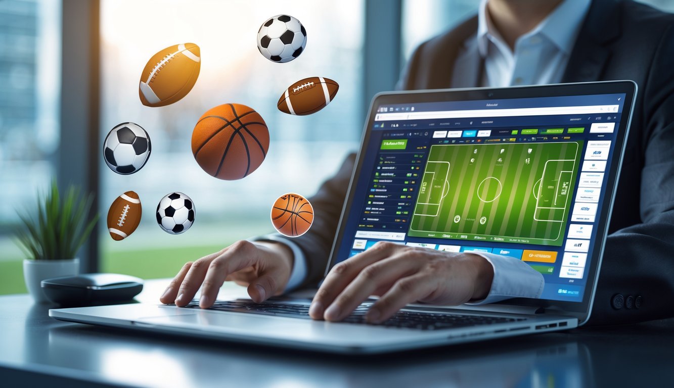 Seseorang menggunakan laptop di meja kerja dengan layar menampilkan antarmuka taruhan olahraga, dikelilingi oleh simbol olahraga seperti bola sepak dan bola basket.