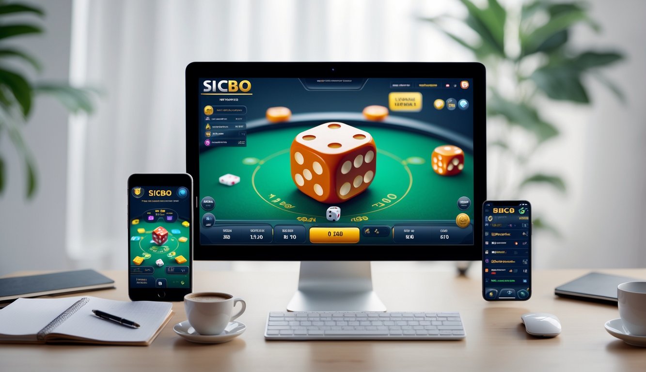 Seorang pemain sedang menggunakan komputer dengan tampilan permainan Sicbo online, dikelilingi oleh catatan strategi dan ponsel, di ruang kerja yang rapi.