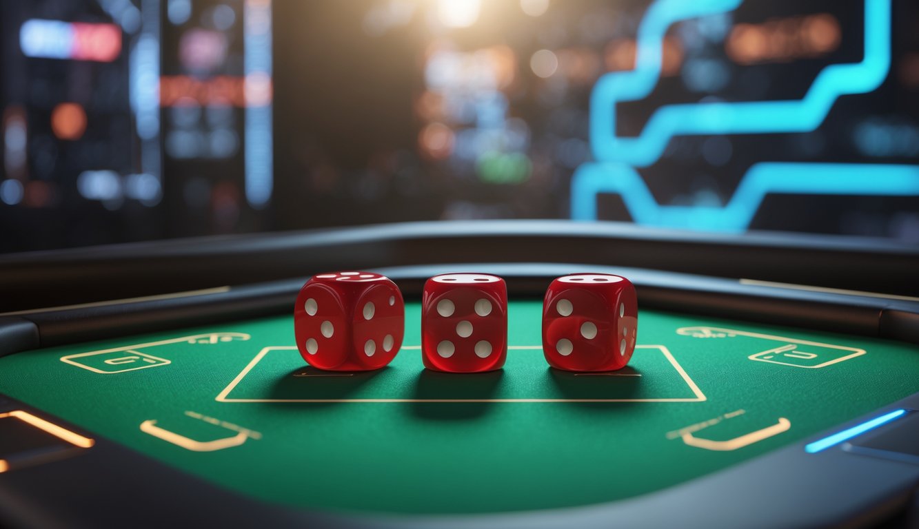 Tiga dadu merah sedang dilempar di atas meja hijau dengan latar belakang teknologi modern.