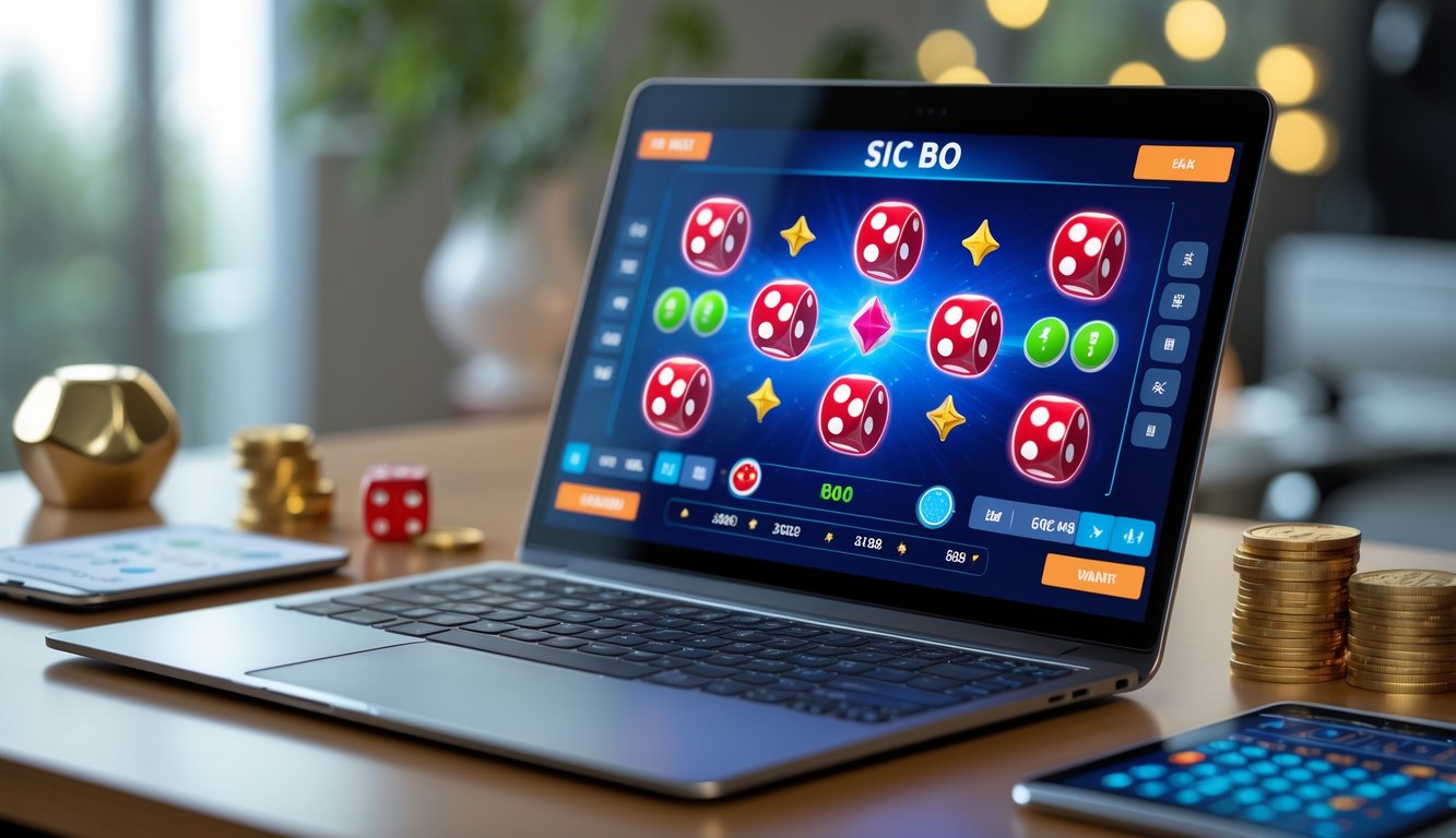Meja kerja dengan laptop menampilkan permainan Sic Bo online, beberapa dadu merah, koin emas, dan alat hitung peluang di sekitar laptop.