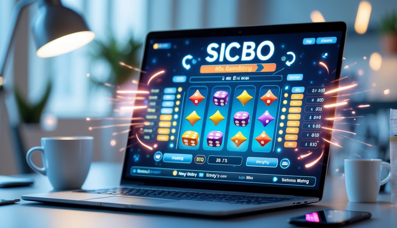Seseorang menggunakan komputer dengan tampilan permainan Sicbo online yang penuh warna di layar, dikelilingi oleh elemen digital dan suasana nyaman.