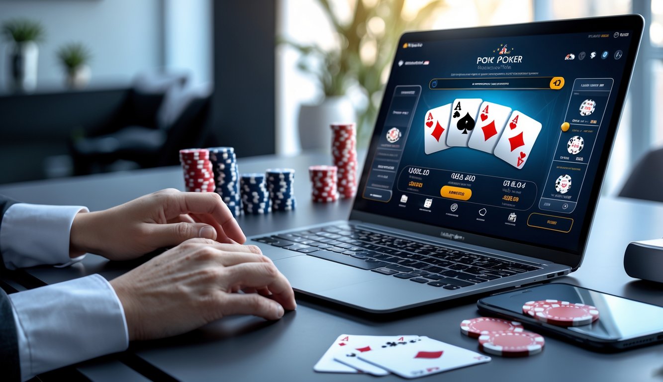 Seorang pria menggunakan laptop untuk bermain poker online di meja dengan chip dan kartu poker di sekitarnya.