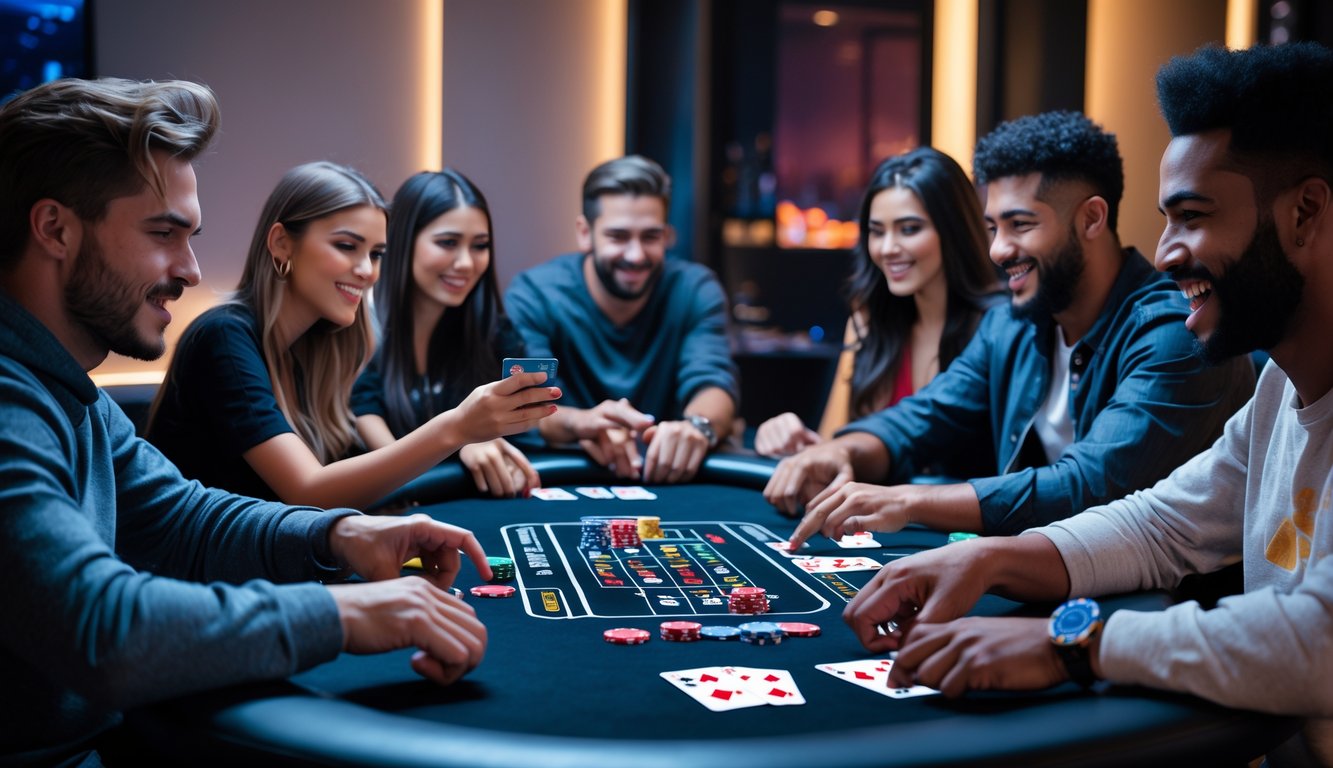 Beberapa orang muda sedang bermain poker digital di meja poker modern dengan kartu dan chip digital di layar sentuh besar.