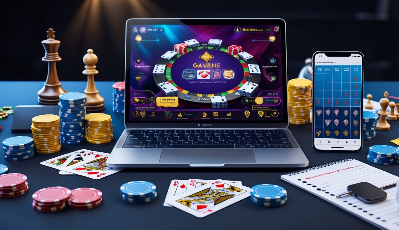 Meja kerja dengan laptop menampilkan permainan poker online, tumpukan chip poker, kartu bermain, dan ponsel dengan papan peringkat kompetisi.
