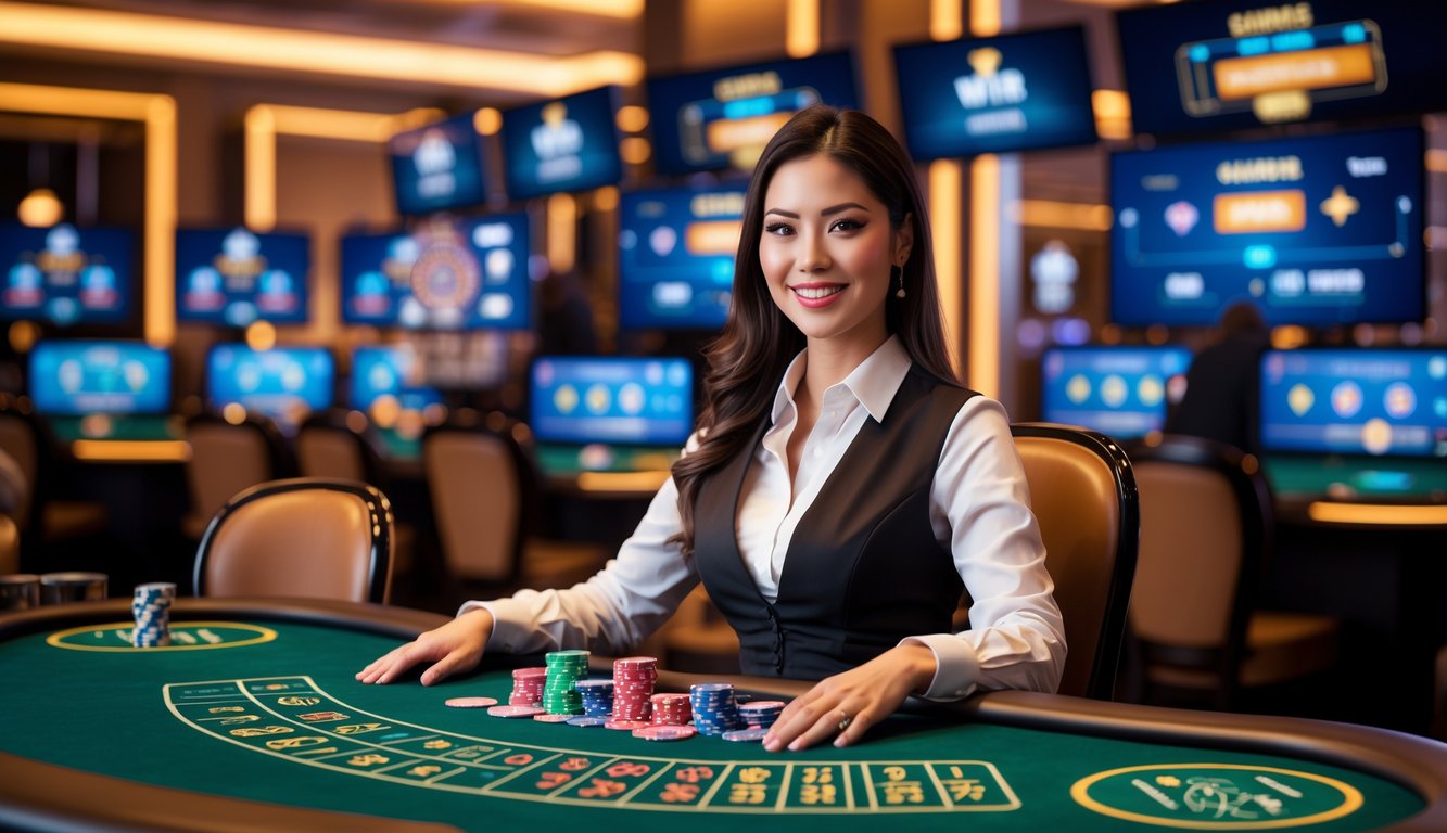 Seorang dealer kasino profesional duduk di belakang meja permainan dengan kartu dan chip, dikelilingi layar digital yang menampilkan permainan kasino langsung.