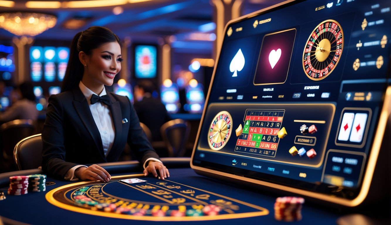 Seorang dealer kasino yang rapi berinteraksi dengan pemain melalui layar besar yang menampilkan berbagai permainan kasino langsung di lingkungan kasino yang elegan.