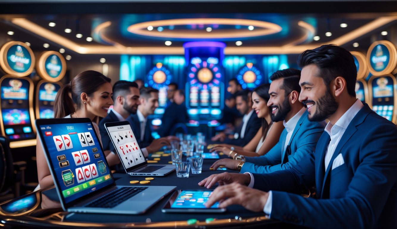Orang-orang bermain permainan kasino online secara langsung menggunakan perangkat digital di lingkungan kasino yang cerah dan modern.