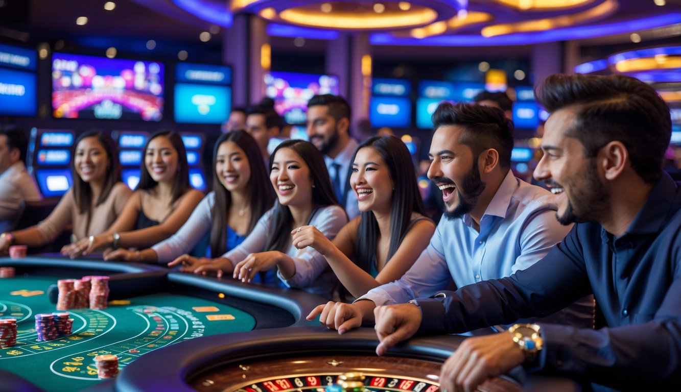 Sekelompok pemain bersemangat sedang bermain permainan kasino langsung populer di lingkungan kasino online yang modern.