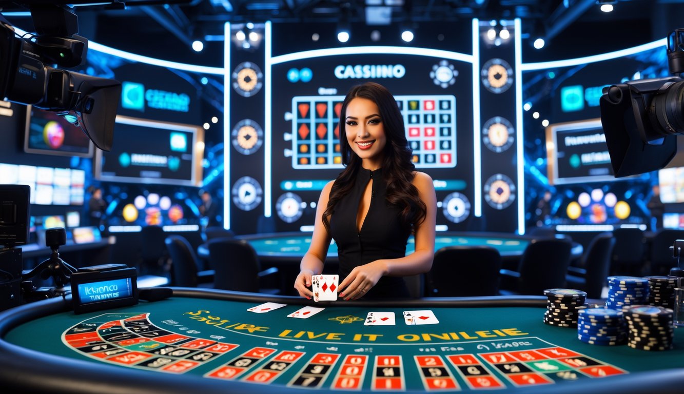 Seorang dealer kasino wanita yang mengenakan pakaian resmi sedang membagikan kartu dalam studio kasino online dengan layar dan peralatan teknologi canggih di latar belakang.