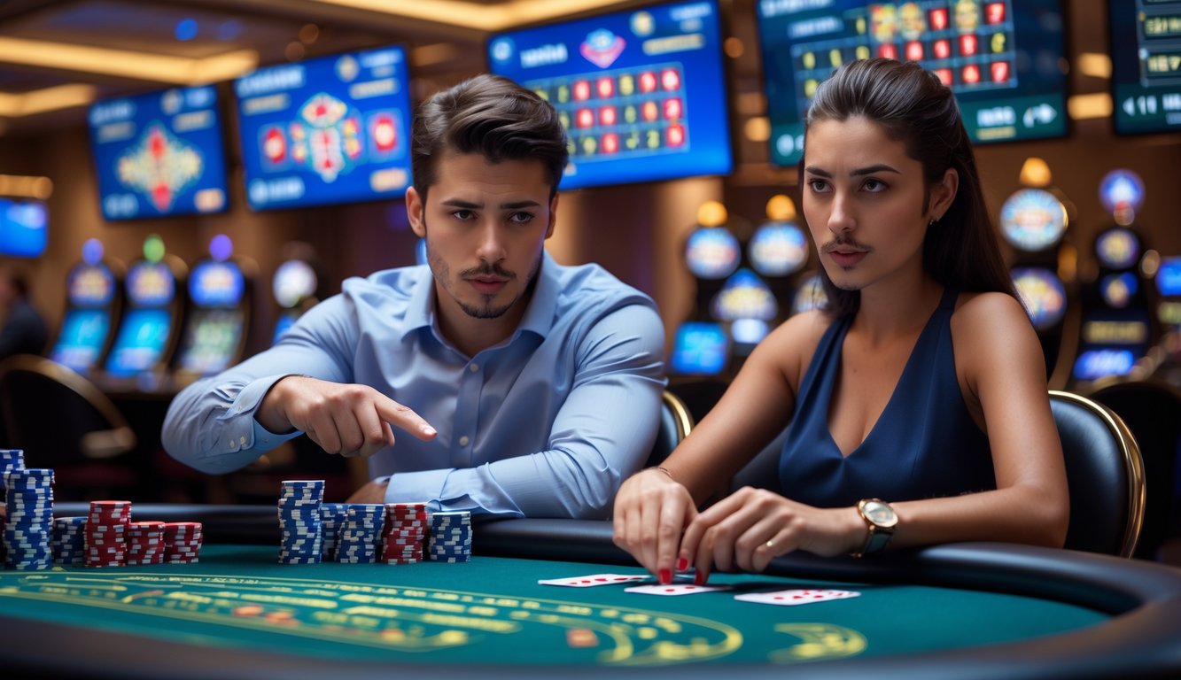 Seorang pria dan wanita duduk di meja kasino sambil fokus bermain dan berdiskusi strategi permainan kasino langsung.