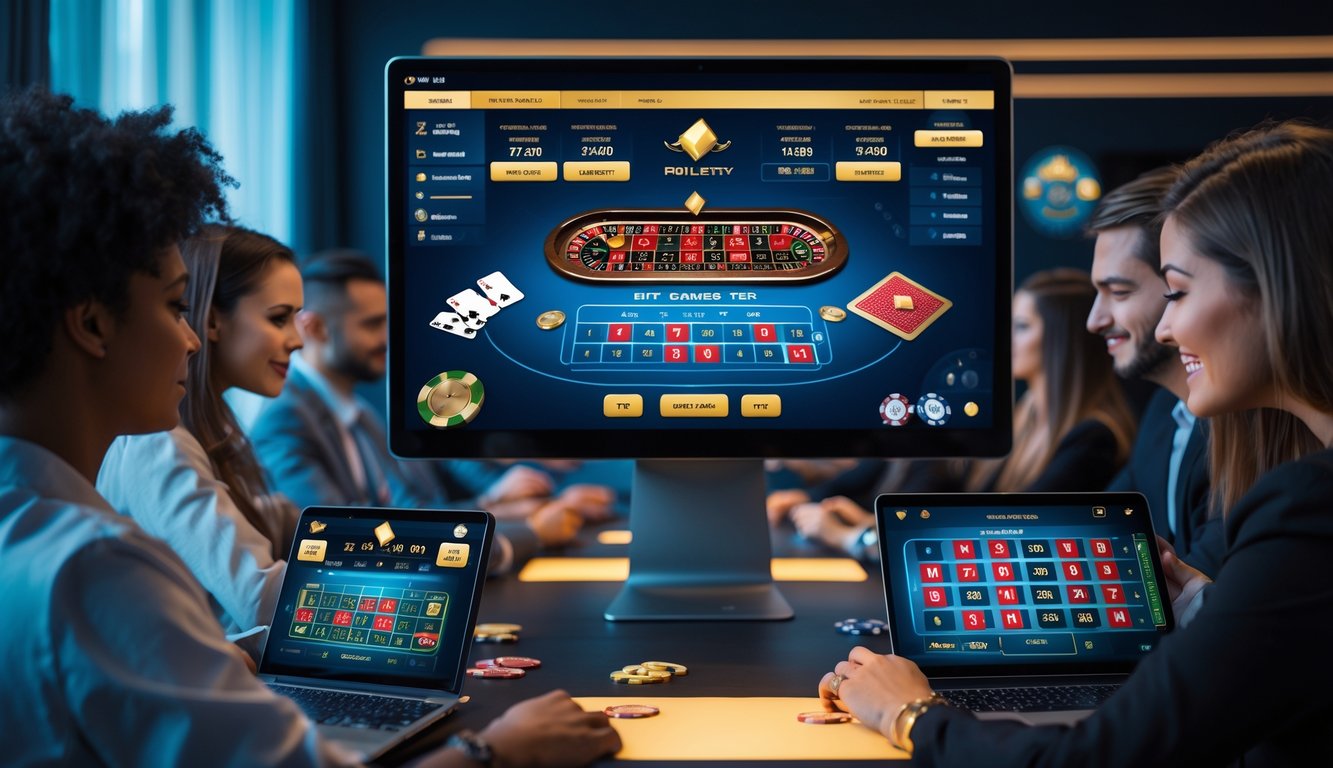Orang-orang sedang bermain permainan kasino langsung secara online dengan perangkat digital di lingkungan modern.