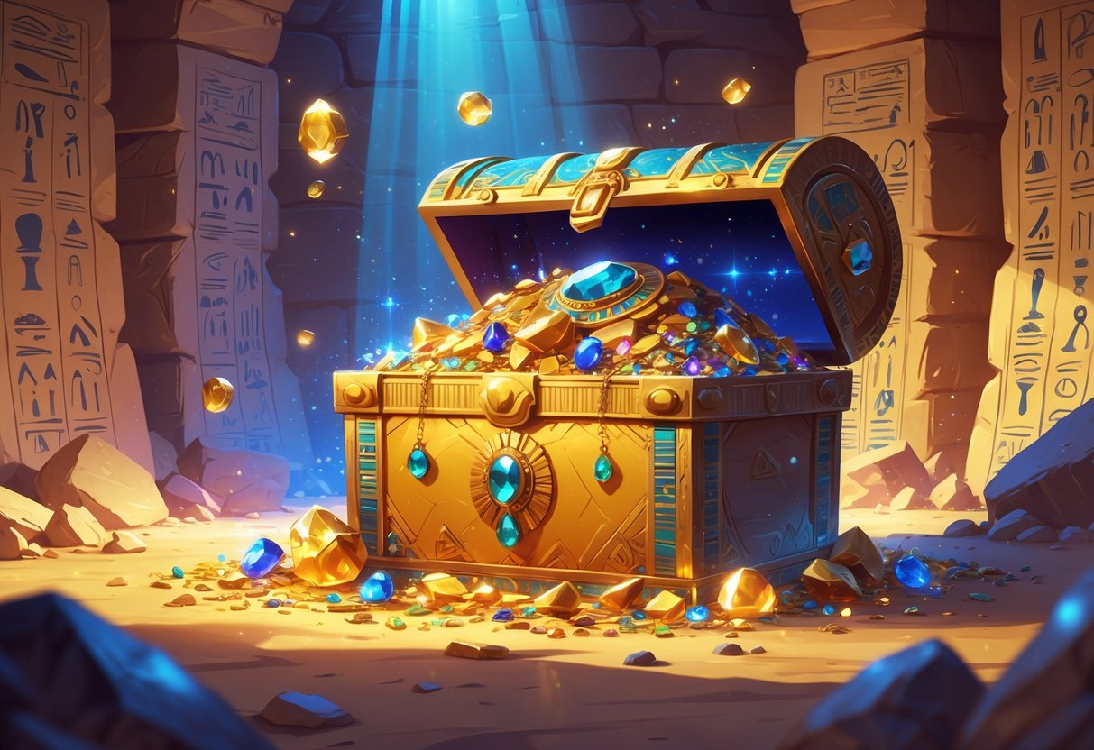 Sebuah peti harta karun Mesir kuno yang terbuka dengan permata dan artefak berkilauan di dalam sebuah makam berhiaskan hieroglif dan sinar cahaya lembut.