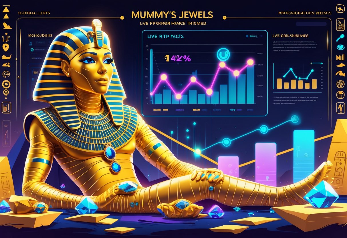Ilustrasi mumi berhiaskan perhiasan emas yang bersinar di latar Mesir kuno dengan grafik dan data mengambang yang menunjukkan statistik permainan secara langsung.