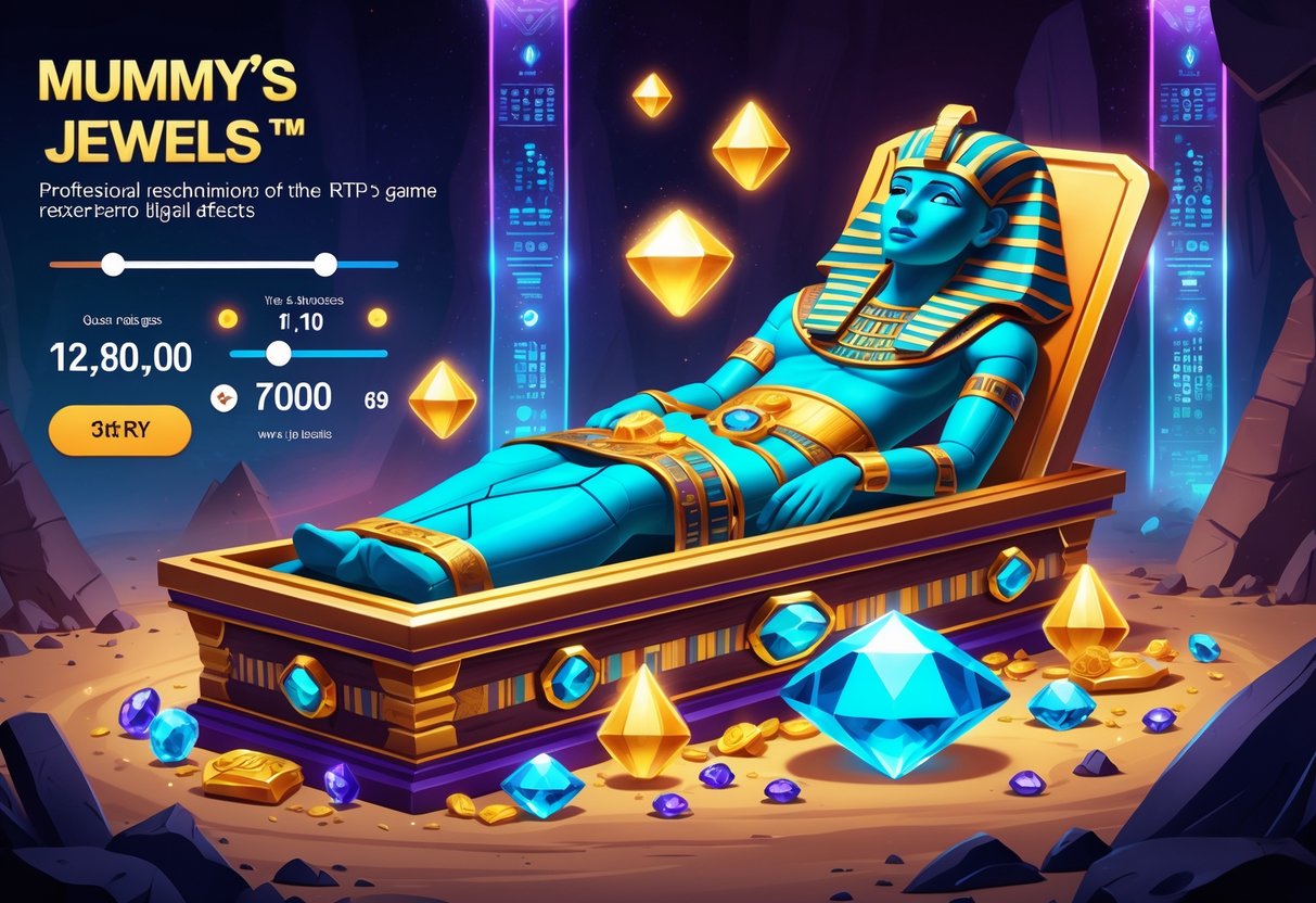 Ilustrasi permainan Mummy’s Jewels dengan peti mumi, permata berkilau, dan elemen angka serta grafik yang menunjukkan fitur utama dan mekanisme permainan.